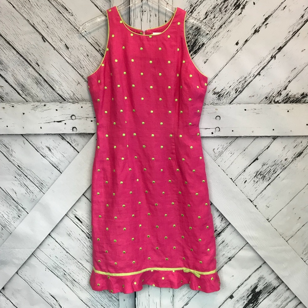 Vintage 100% Linen Embroidered Polka Dot Dress